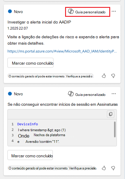Captura de ecrã a mostrar as respostas sugeridas com base nos guias personalizados.