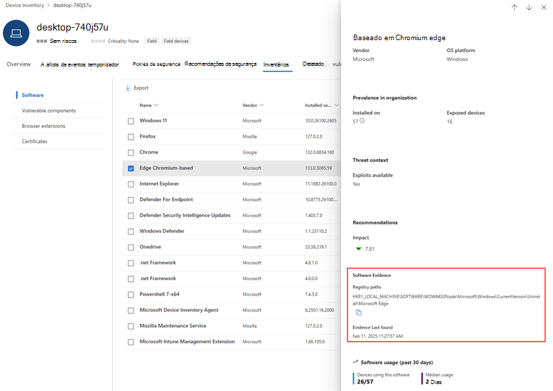 Exemplo de provas de software do Microsoft Edge a mostrar o caminho do registo de provas, conforme visto numa página do dispositivo