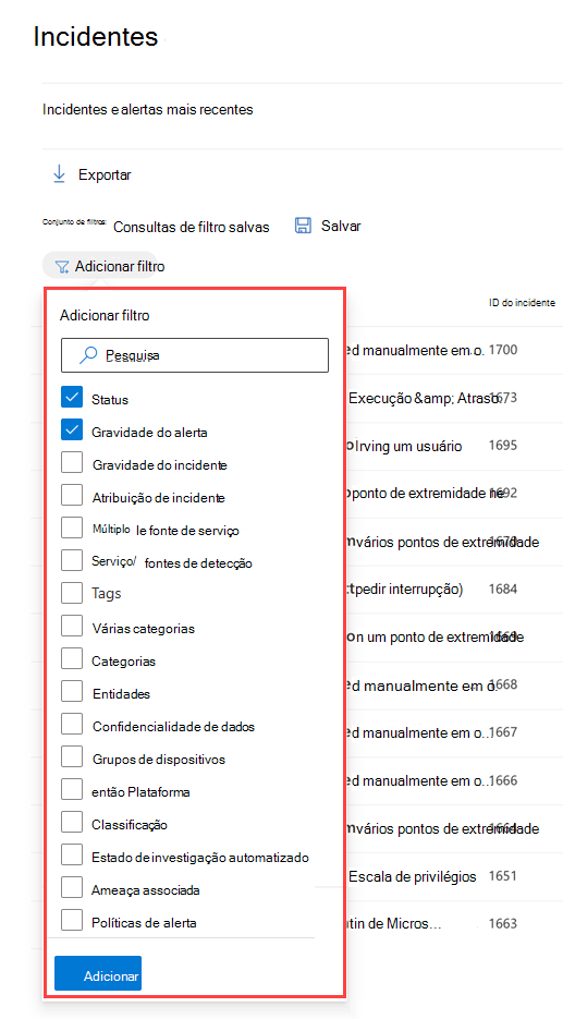 O painel Filtros da fila de incidentes no portal do Microsoft Defender.