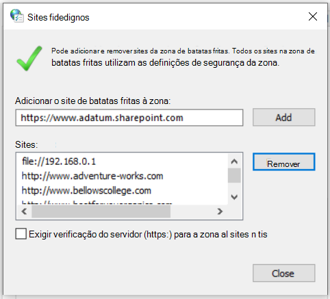 Uma captura de ecrã da caixa de diálogo Sites Fidedignos a mostrar a opção para adicionar ou remover sites e gerir definições de segurança para sites fidedignos.