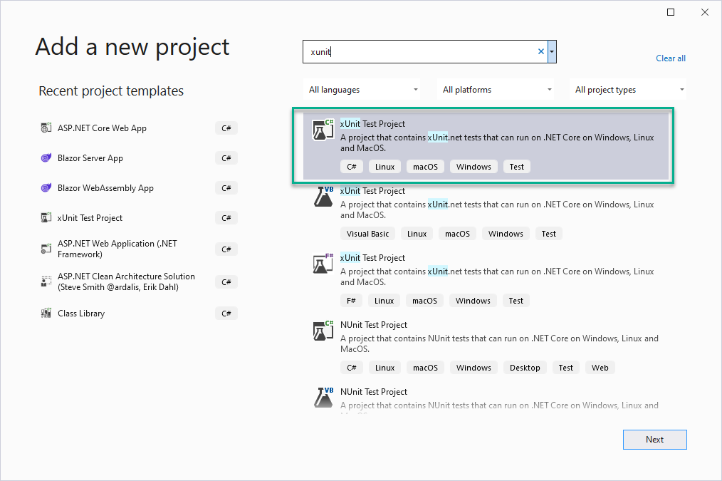 Adicionar um projeto de teste xUnit no Visual Studio
