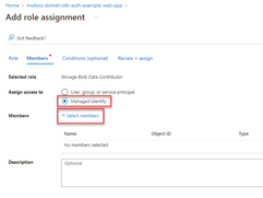 A screenshot showing how to select managed identity as the type of user you want to assign the role (permission) on the add role assignments page.