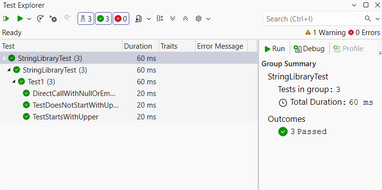 janela do Test Explorer com aprovação nos testes