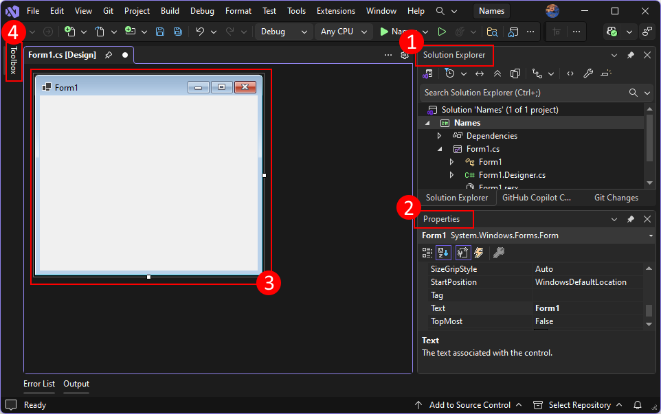  Os componentes importantes de Visual Studio 2026 que deve conhecer ao criar um projeto Windows Forms para .NET.