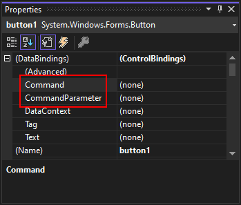 A janela de propriedades do Visual Studio destacando as propriedades Command e CommandParameter de um botão do Windows Forms.