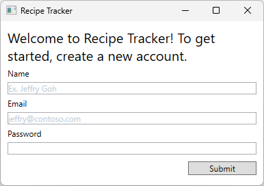 Um aplicativo de exemplo com dois controles TextBox que têm espaços reservados neles. O primeiro Textbox fornece um exemplo de um nome e o segundo um exemplo de um e-mail.