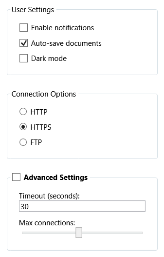 Captura de ecrã de três controlos GroupBox a demonstrar agrupar controlos semelhantes por função.