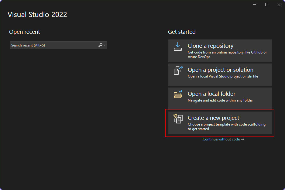 Uma captura de tela da caixa de diálogo Iniciar do Visual Studio 2022. O botão 'criar um novo projeto' é realçado com uma caixa vermelha.