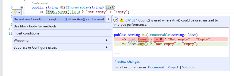 Correção de código para CA1827 - Não use Count() ou LongCount() quando Any() pode ser usado