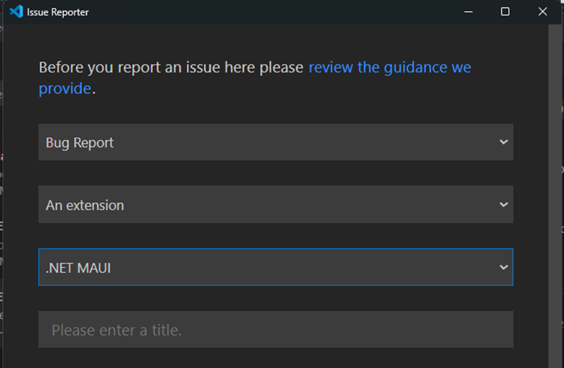 Imagem da caixa de diálogo de problema de relatório no Visual Studio Code