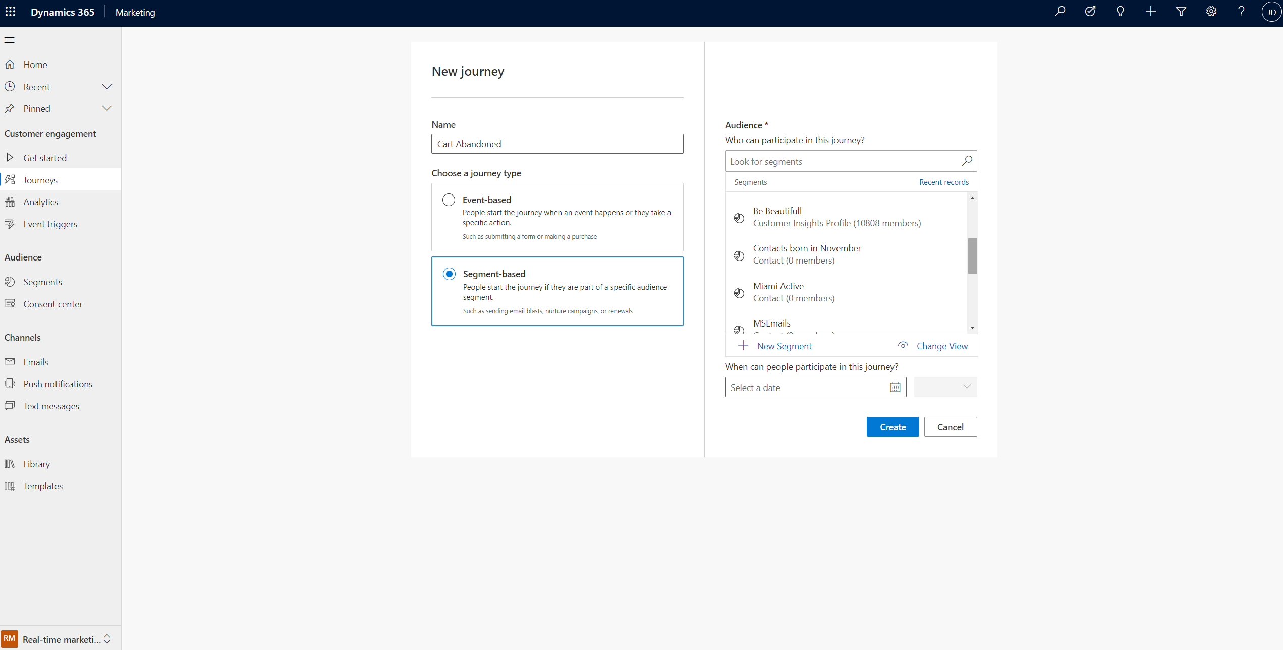 Usando o segmento 'Be Beautiful' do Customer Insights com 10.808 membros em uma Jornada do Cliente