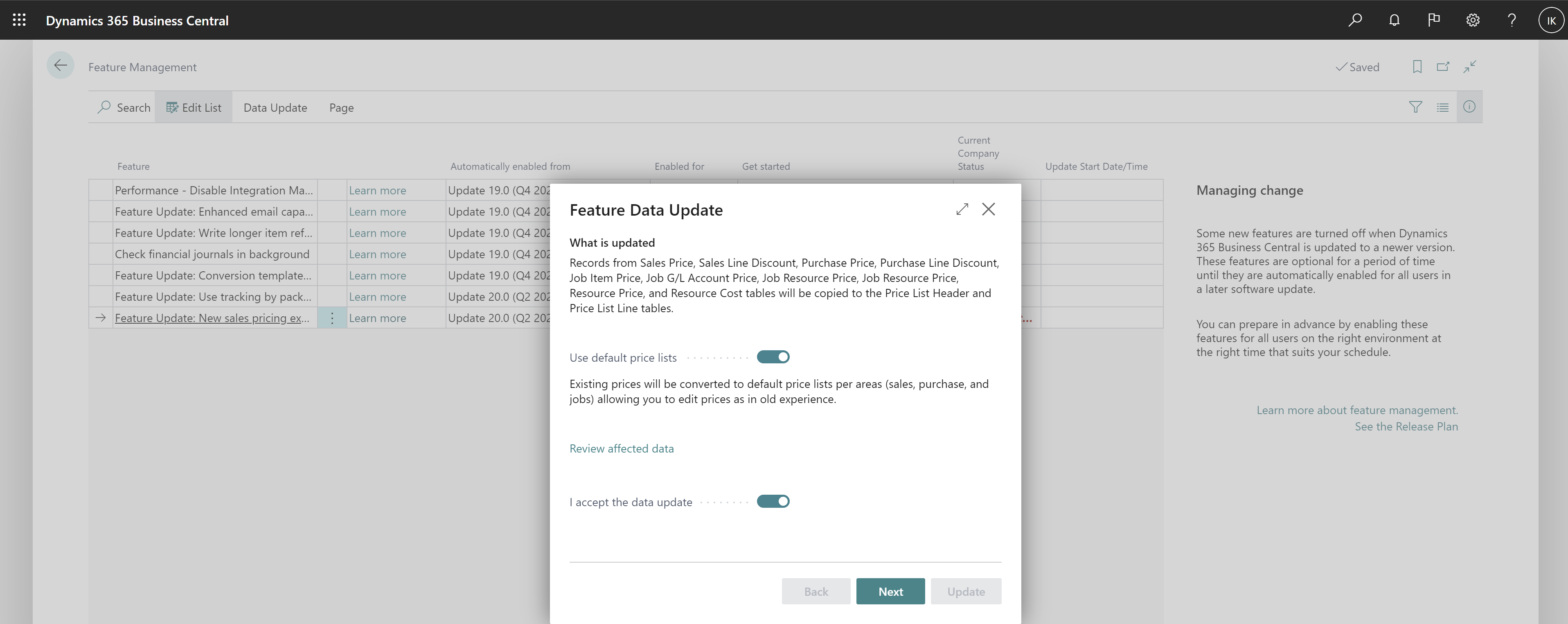 Shows Feature Data Update guide for new pricing experience with Use default price lists toggle Shows Feature Data Update guide for new pricing experience with Use default price lists toggle
