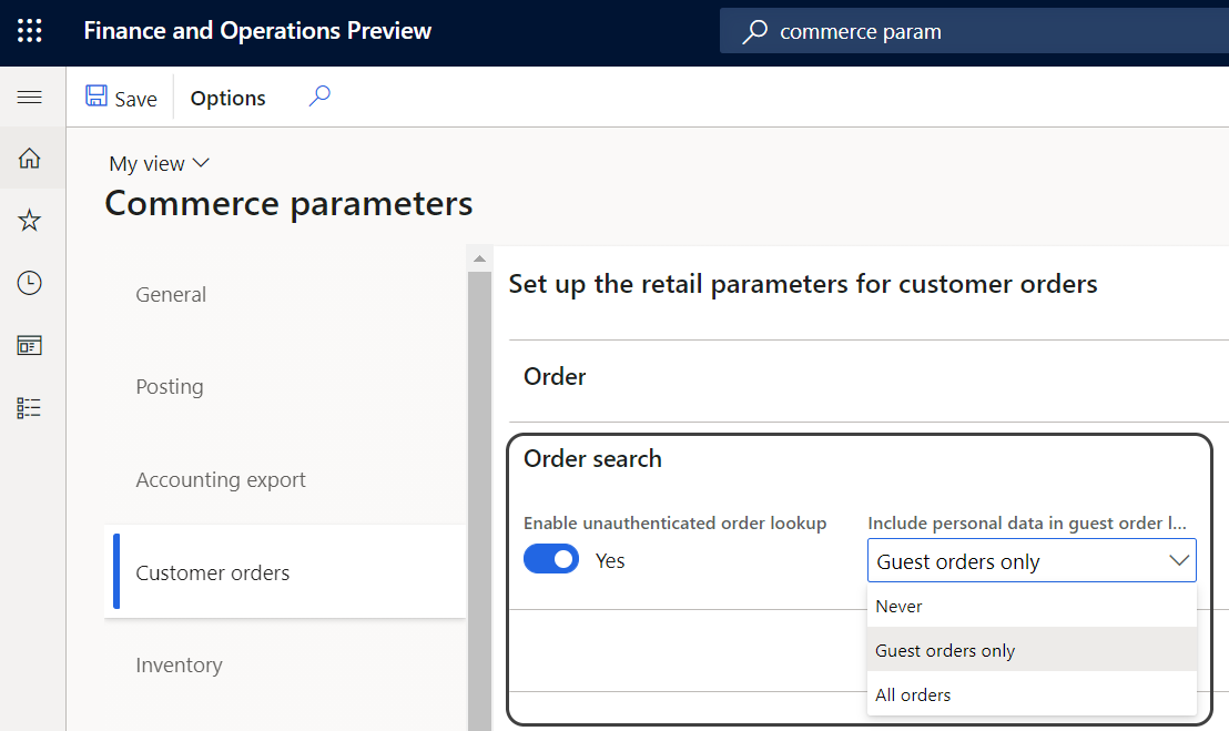 Captura de tela das opções de pesquisa de ordens em Parâmetros do Commerce no Headquarters.