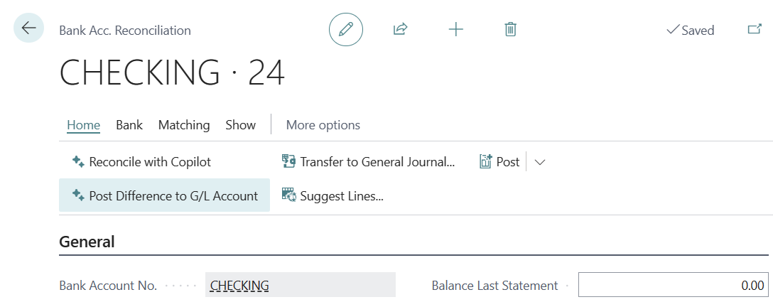 Screenshot that shows the Post Difference to G/L Account button on the Bank Acc. Reconciliation card.