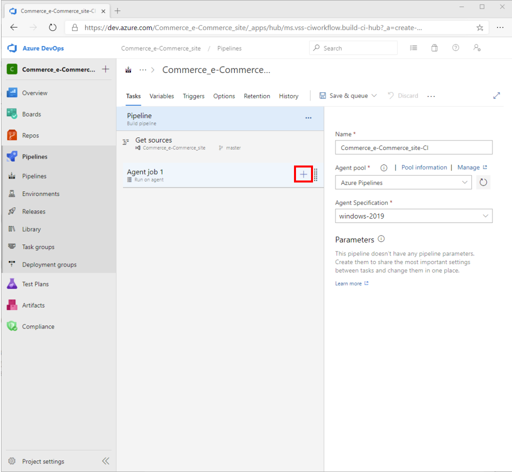 Azure DevOps pipeline "Tasks" tab with "Agent job" plus sign highlighted