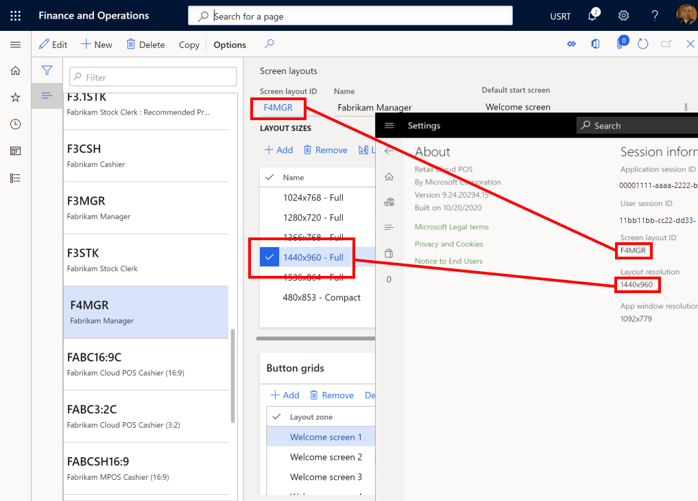 Captura de ecrã dos esquemas de ecrã e das resoluções e tamanhos dos esquemas no Commerce e POS.