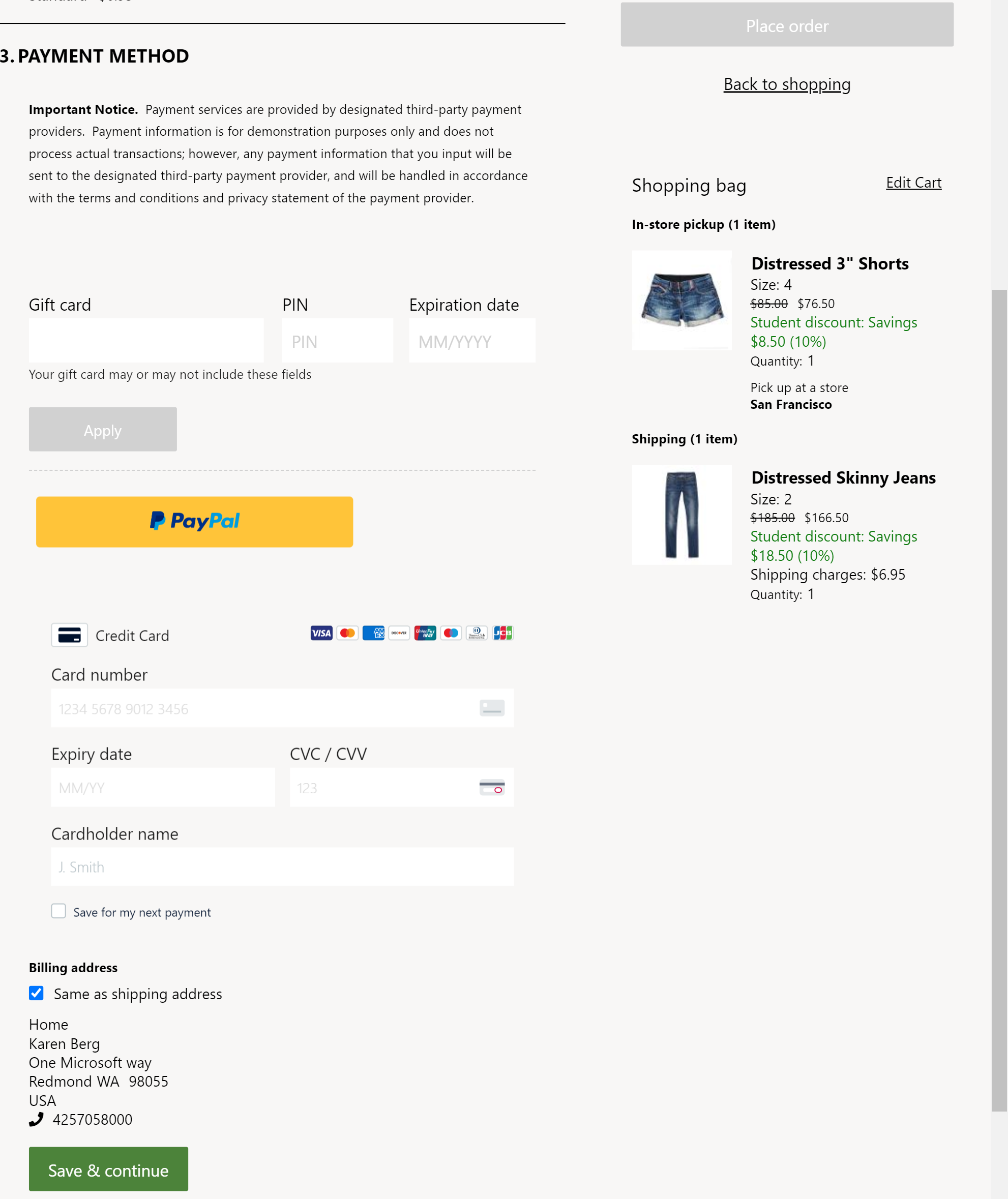 Exemplo de módulos de pagamento da Adyen e do PayPal numa página de finalização da compra.