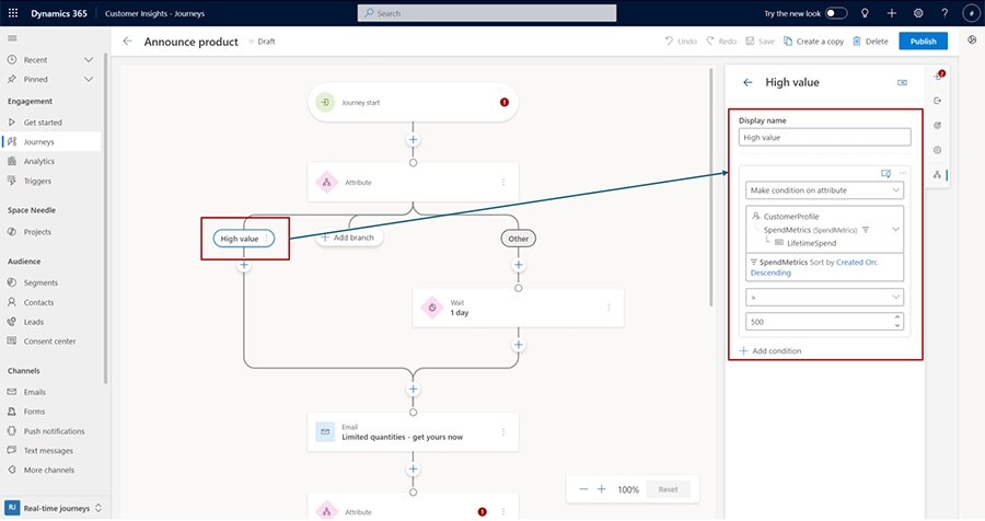 Captura de ecrã de navegar por medidas do Customer Insights - Data para conteúdo condicional.