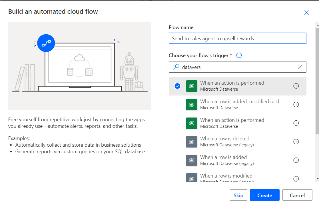 Captura de ecrã de criar um fluxo novo do Power Automate.