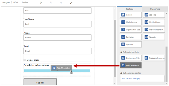 Adicionar uma lista de subscrições ao formulário Adicionar uma lista de subscrições ao formulário.