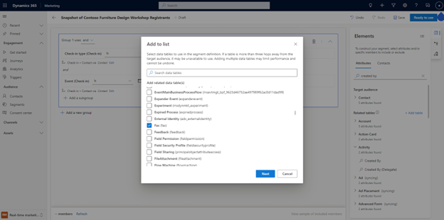 Adicionar tabela ao construtor de segmentos