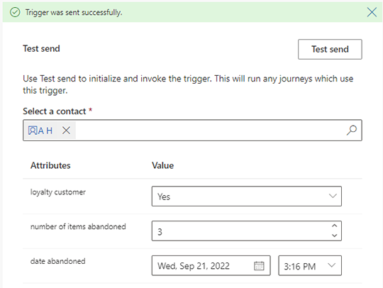 Captura de ecrã da confirmação do envio de teste.