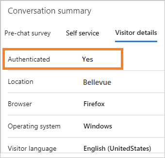 Chat autenticado apresentado como Sim no separador detalhes do visitante