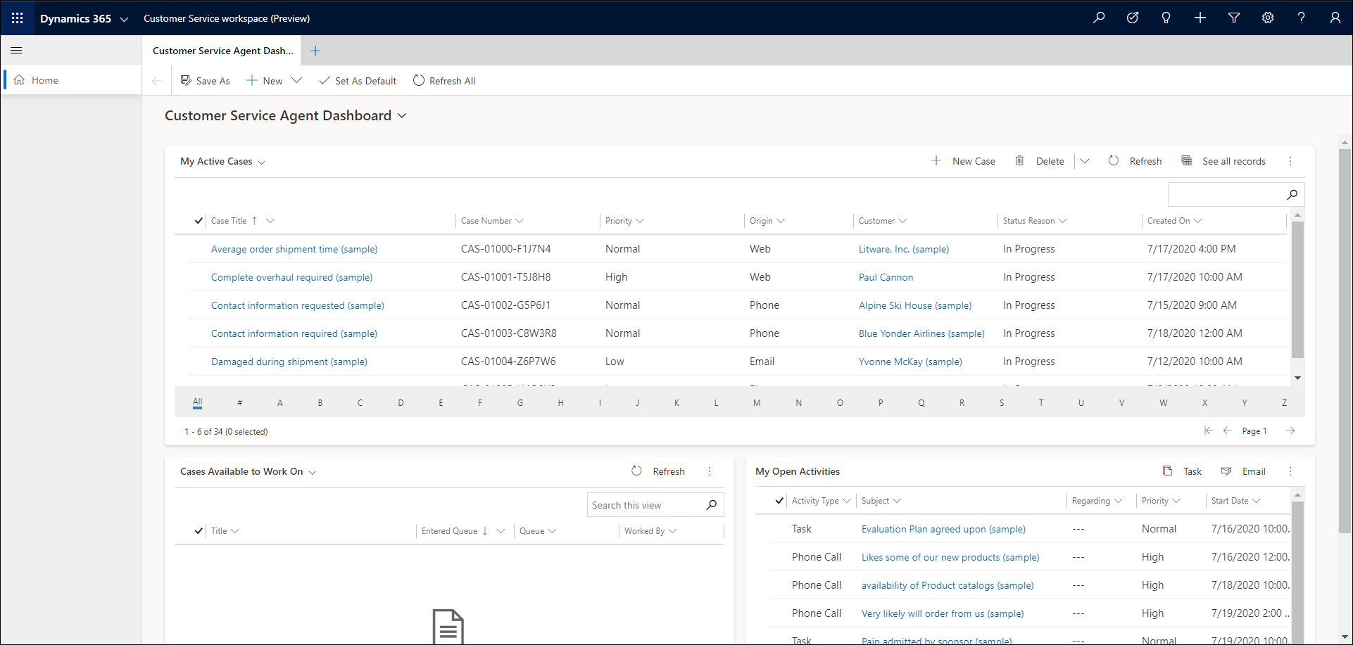 Dashboard de agente do Customer Service workspace.