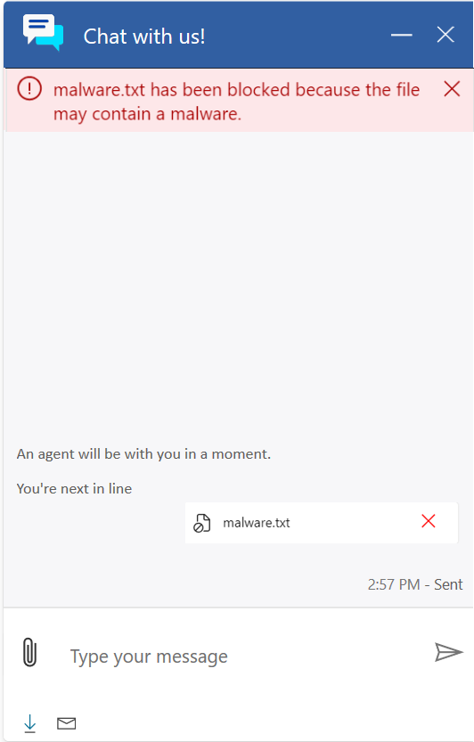 Captura de ecrã da mensagem que é apresentada quando os clientes carregam ficheiros maliciosos usando o chat.
