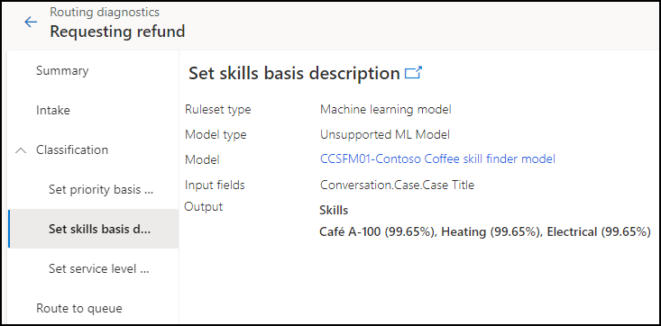 Captura de ecrã da vista do conjunto de regras de classificação e modelo de machine learning.