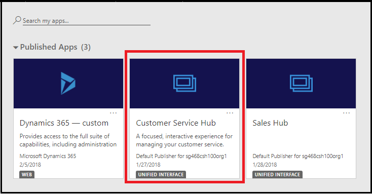 Iniciar a aplicação Hub Customer Service a partir da página As Minhas Aplicações.