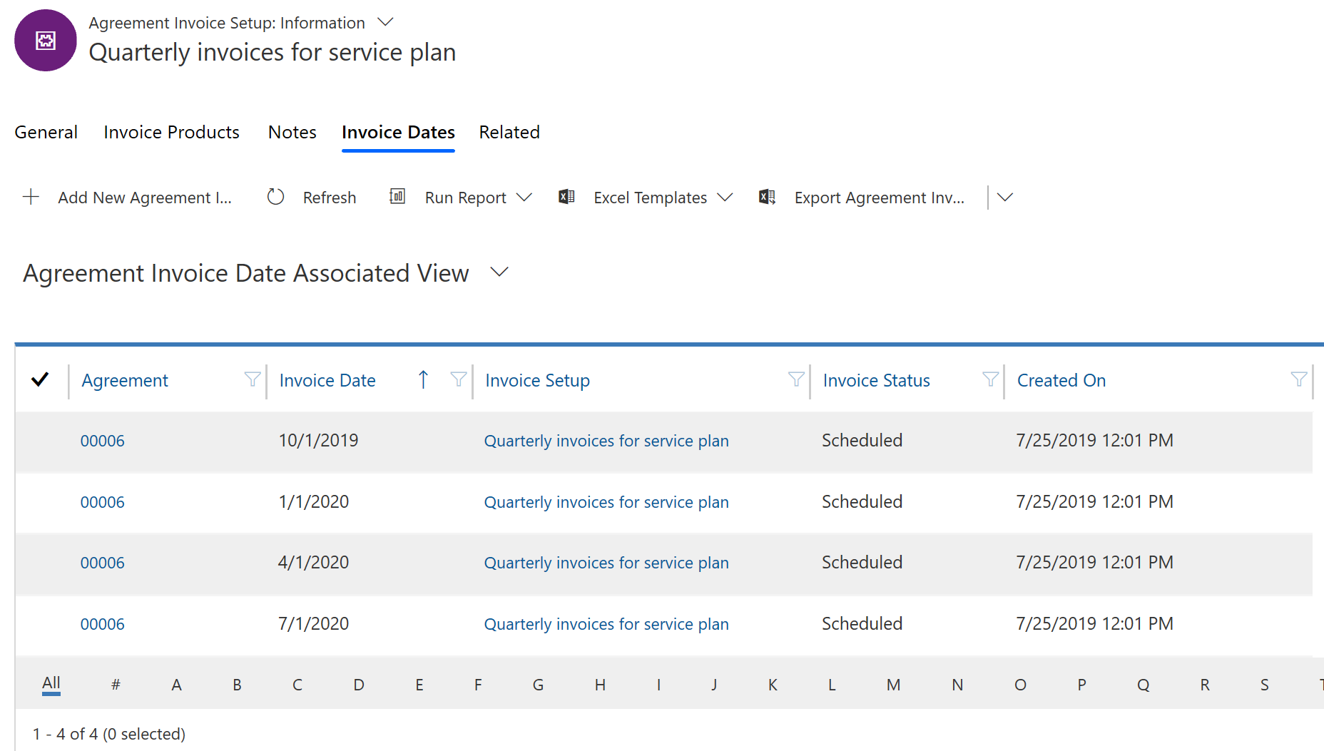 Captura de ecrã da configuração da fatura de contrato, mostrando uma lista de datas de fatura.