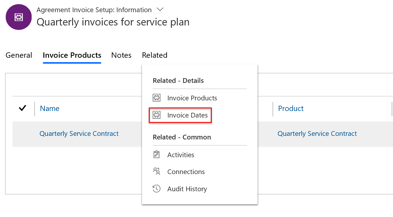 Captura de ecrã da configuração da fatura do contrato que mostra o separador relacionado com as datas de fatura realçadas.