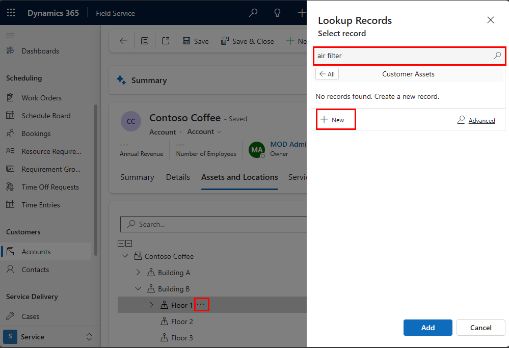 Captura de ecrã do painel de procura de recursos de cliente num registo de conta.