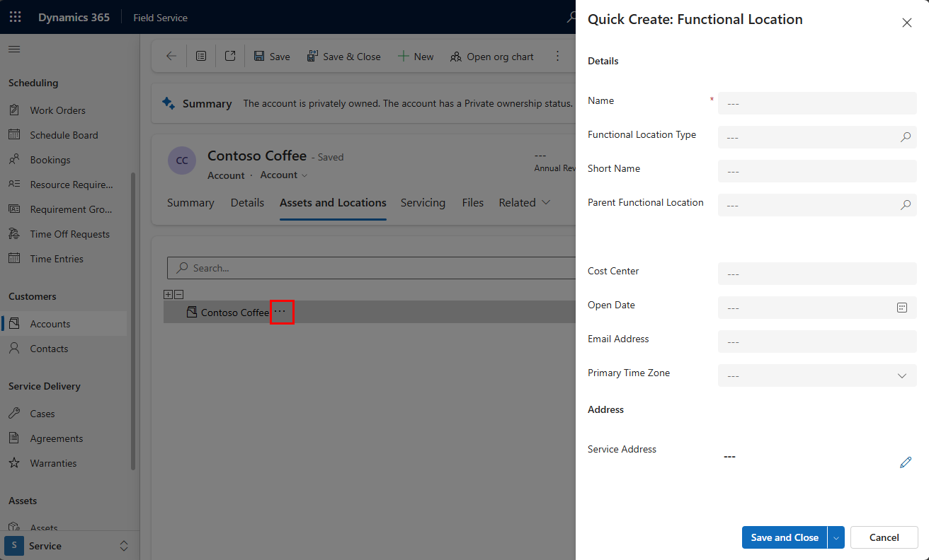 Captura de ecrã do painel Criação Rápida: Localização Funcional num registo de conta, com o menu de reticências realçado.