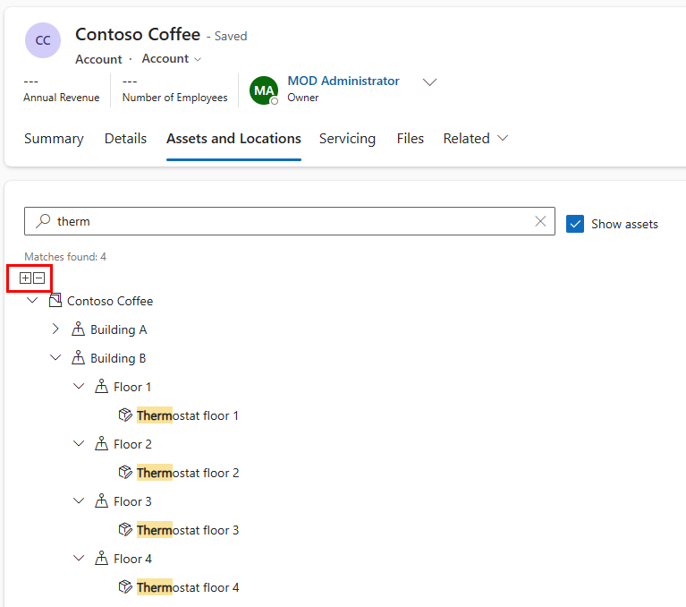 Captura de ecrã dos resultados de uma pesquisa de localização funcional, com os ícones Expandir Tudo e Fechar tudo realçados.