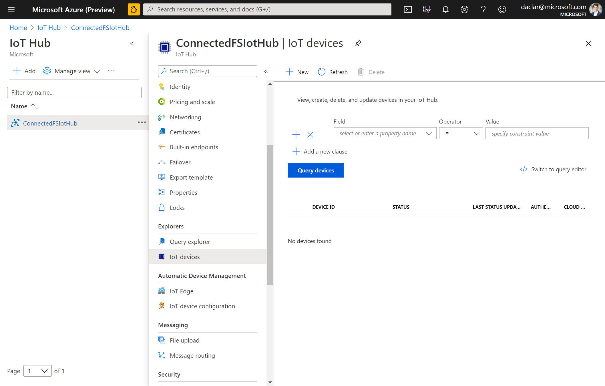 Captura de ecrã de dispositivos IoT no Hub IoT do Azure.