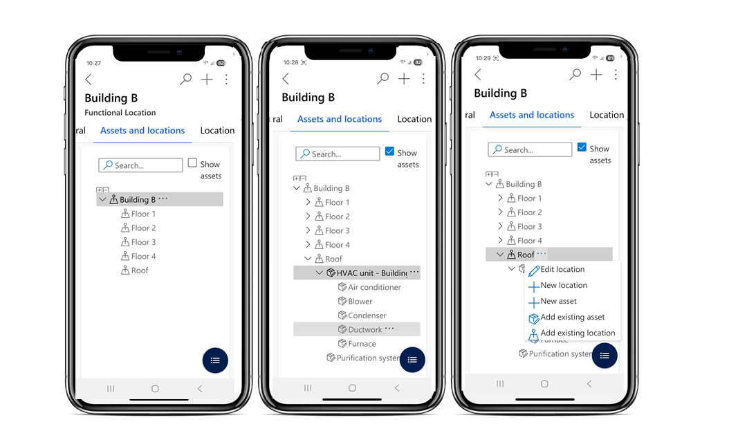 Capturas de ecrã simuladas da aplicação Field Service Mobile a mostrar as hierarquias de recursos e as localizações funcionais.