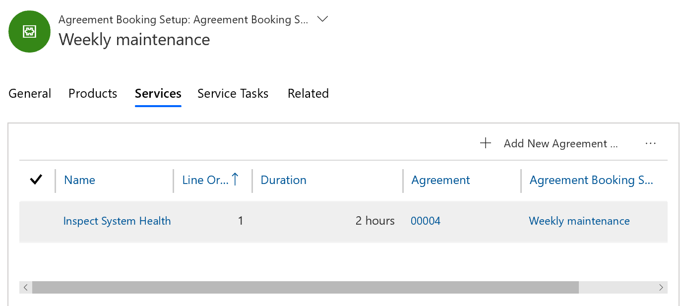 Captura de ecrã de um registo da configuração da reserva do contrato, no separador Serviços, com um serviço listado.