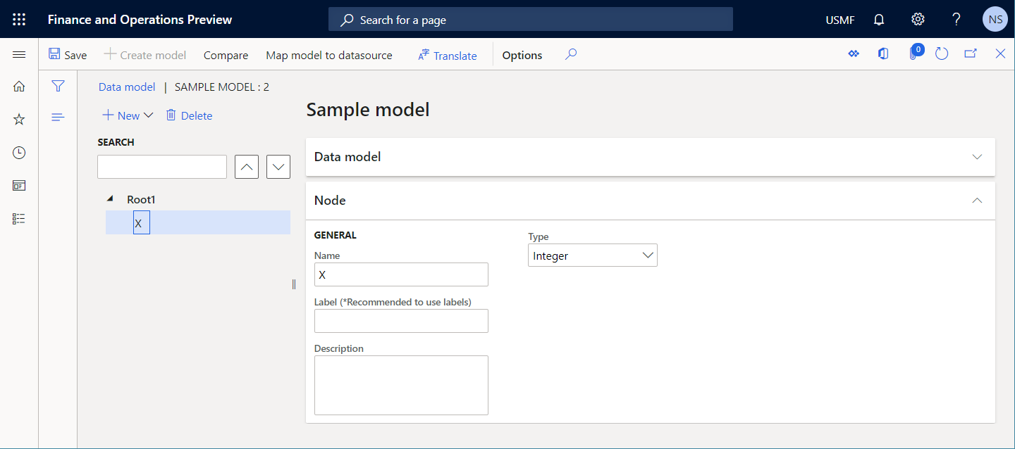 Campo X e o tipo de dados Número inteiro adicionados à árvore do modelo de dados na página do Modelo de dados.