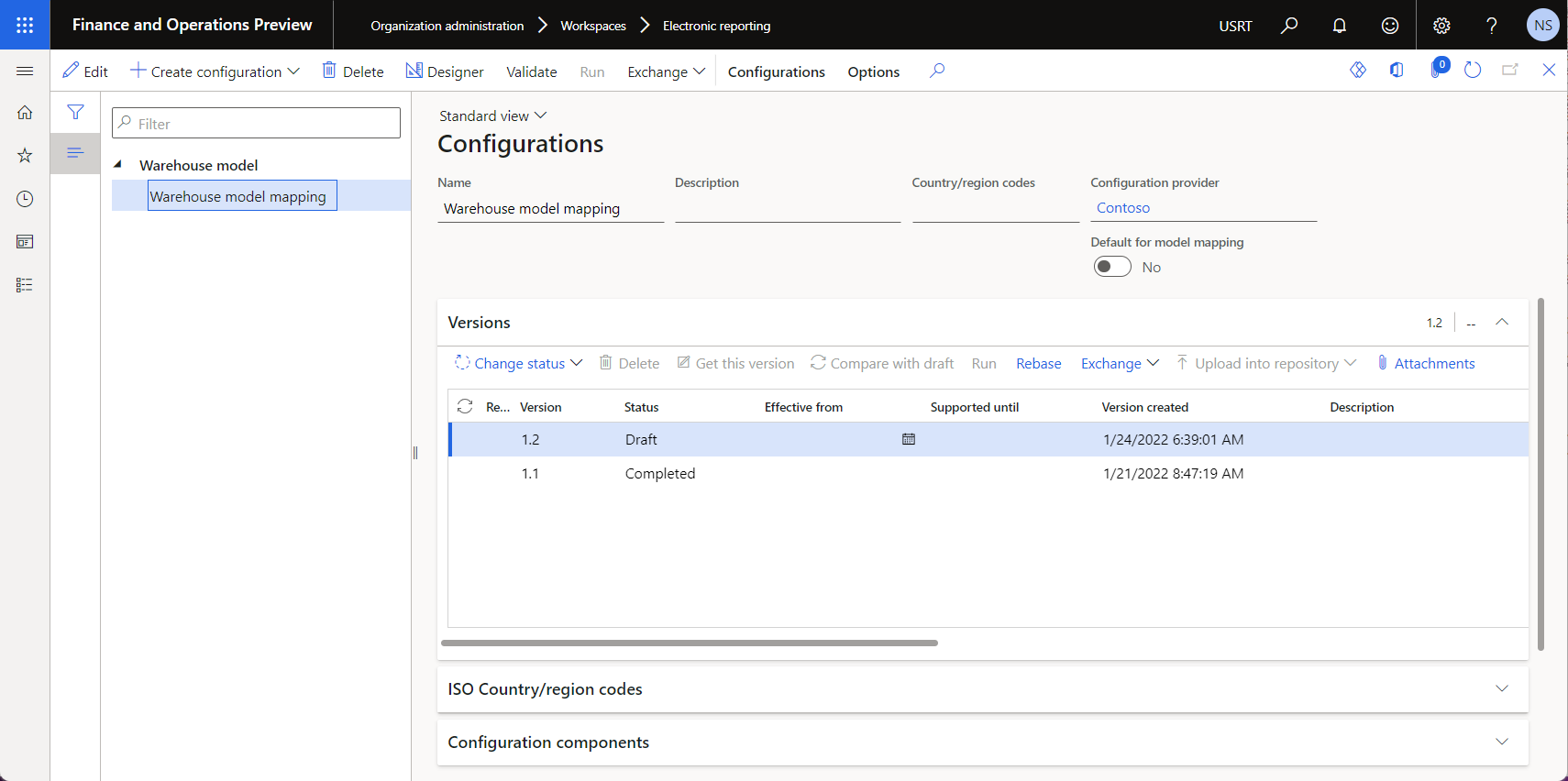 Configuração do mapeamento de modelos ER importada na página Configurações.