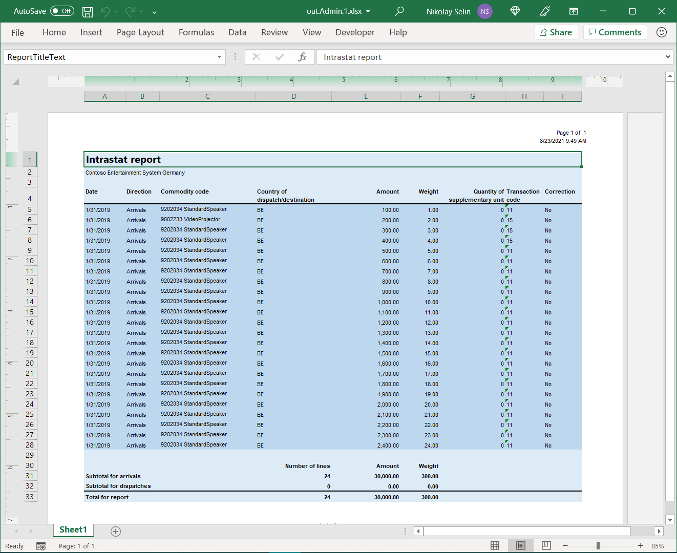 Documento do Excel gerado na aplicação de ambiente de trabalho.