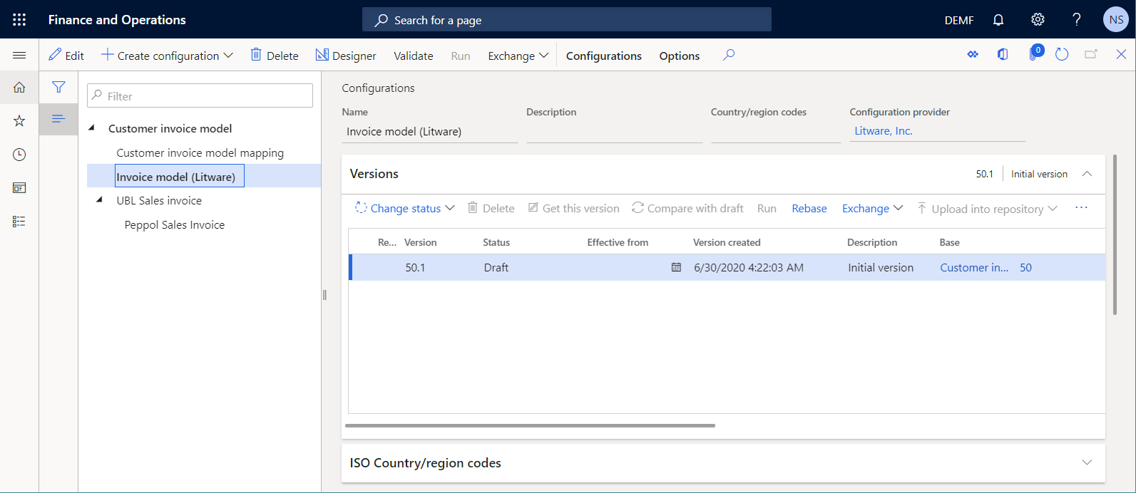 Versão 50.1 da configuração de ER na página Configurações.