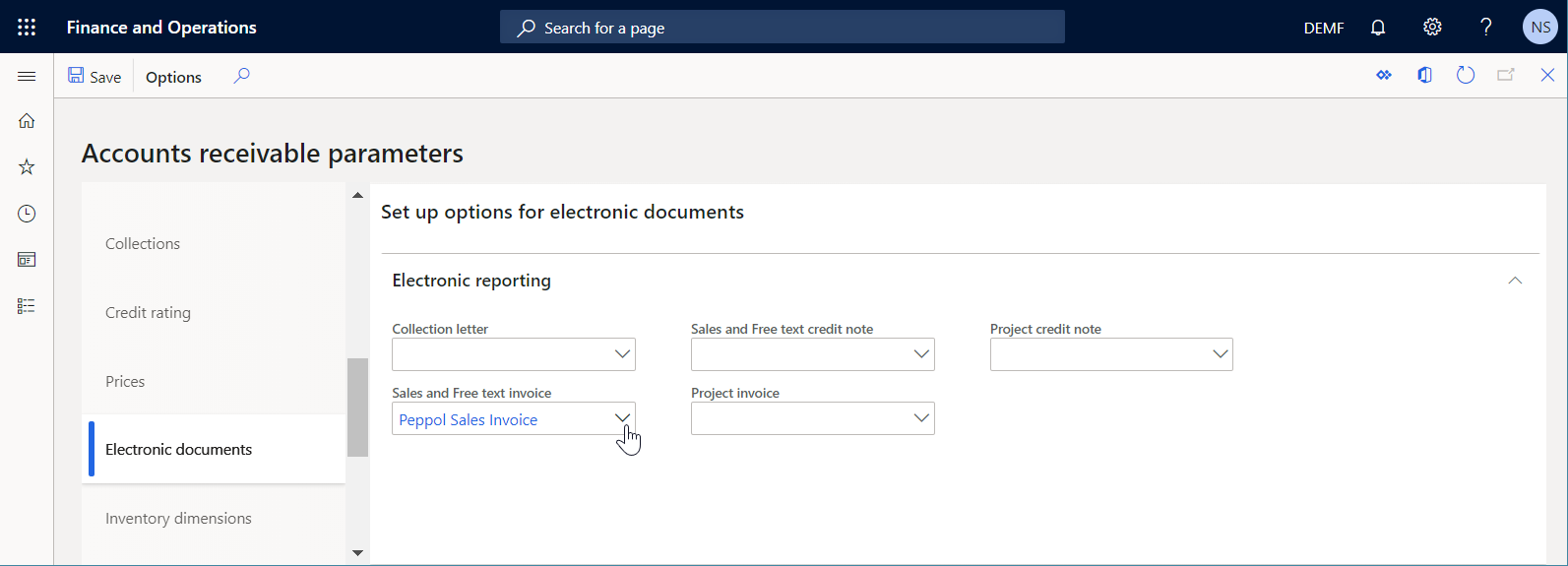 Separador Documentos eletrónicos na página Parâmetros de contas a receber.