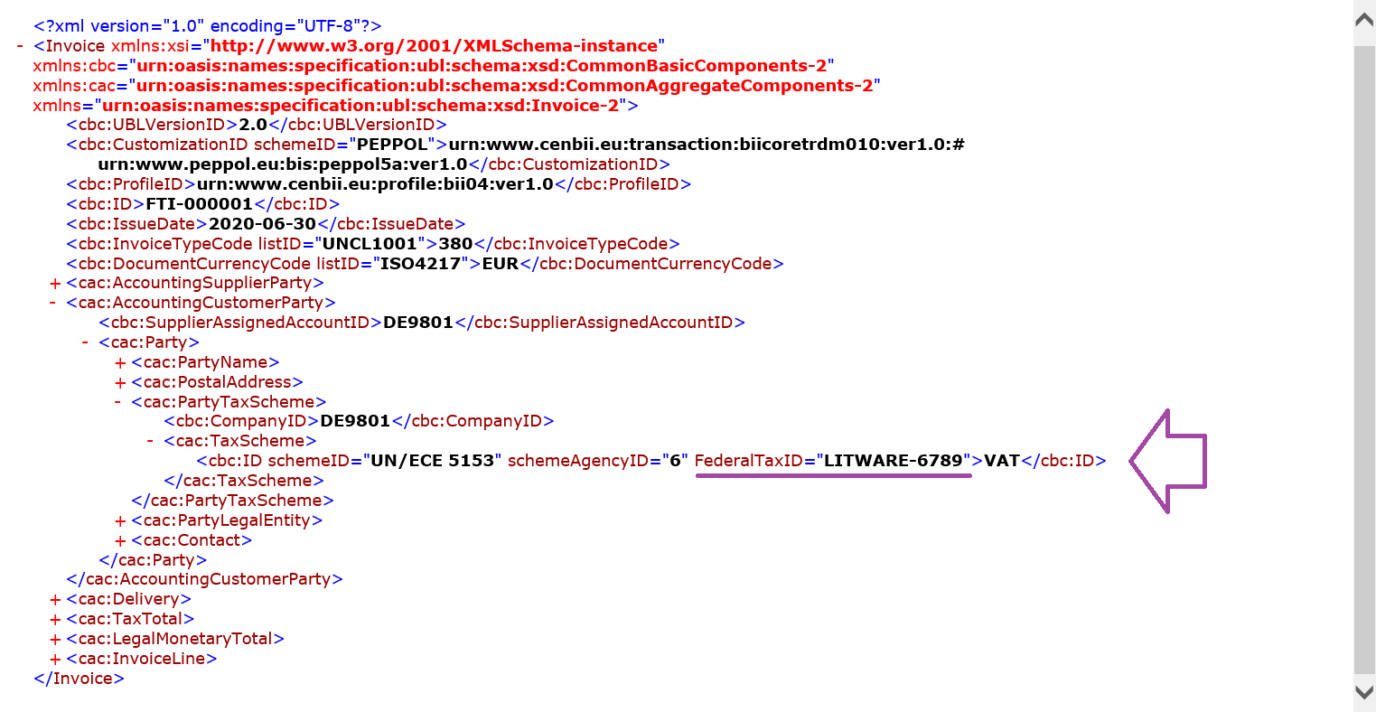 Pré-visualização do ficheiro XML de fatura eletrónica gerado com as personalizações.