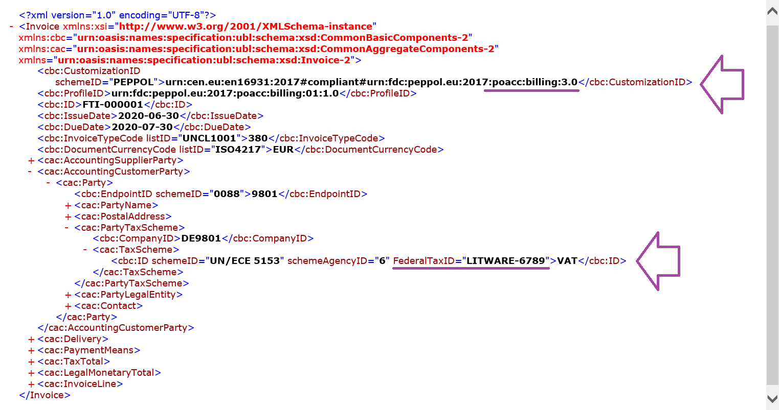 Pré-visualização do ficheiro XML de fatura eletrónica gerado com personalizações.