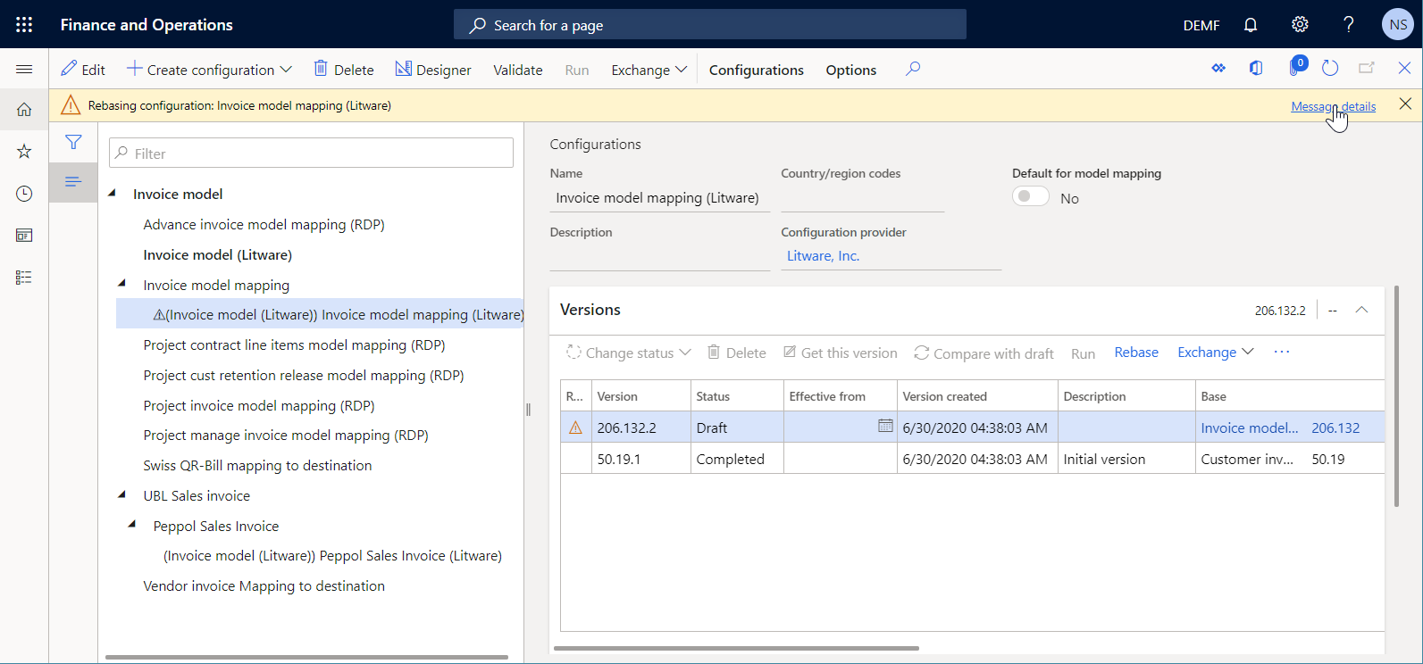 Mensagem de conflito de rebase na página Configurações.