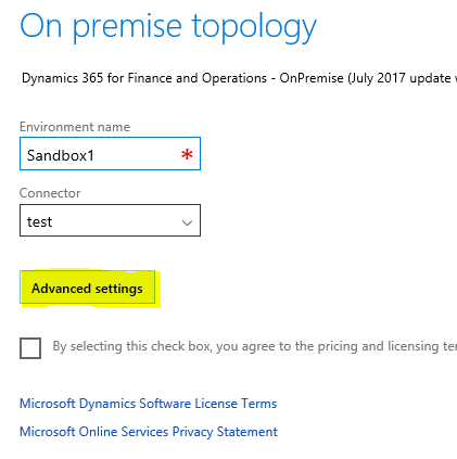 On premise topology Advanced settings button.