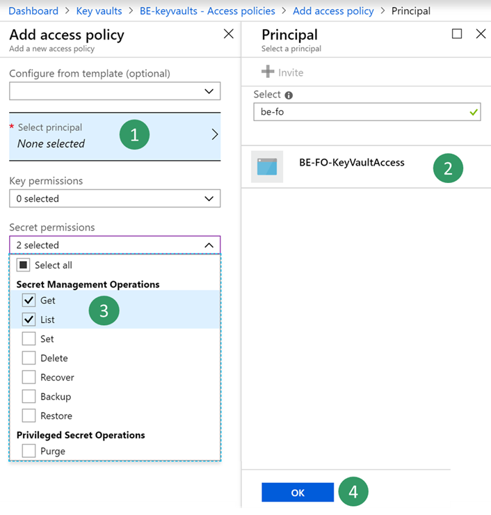 Screenshot of Key Vault access policy.