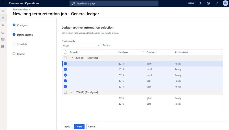 Screenshot of schedule new long term retention job for General ledger.